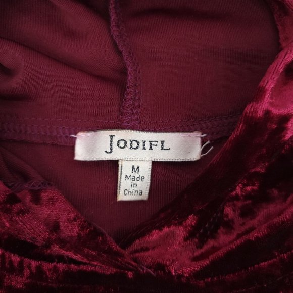 Jodifl Burgundy Velvet Hooded Pullover Top Sz M Stretchy Pocket Long Sleeve Boho - Picture 3 of 12